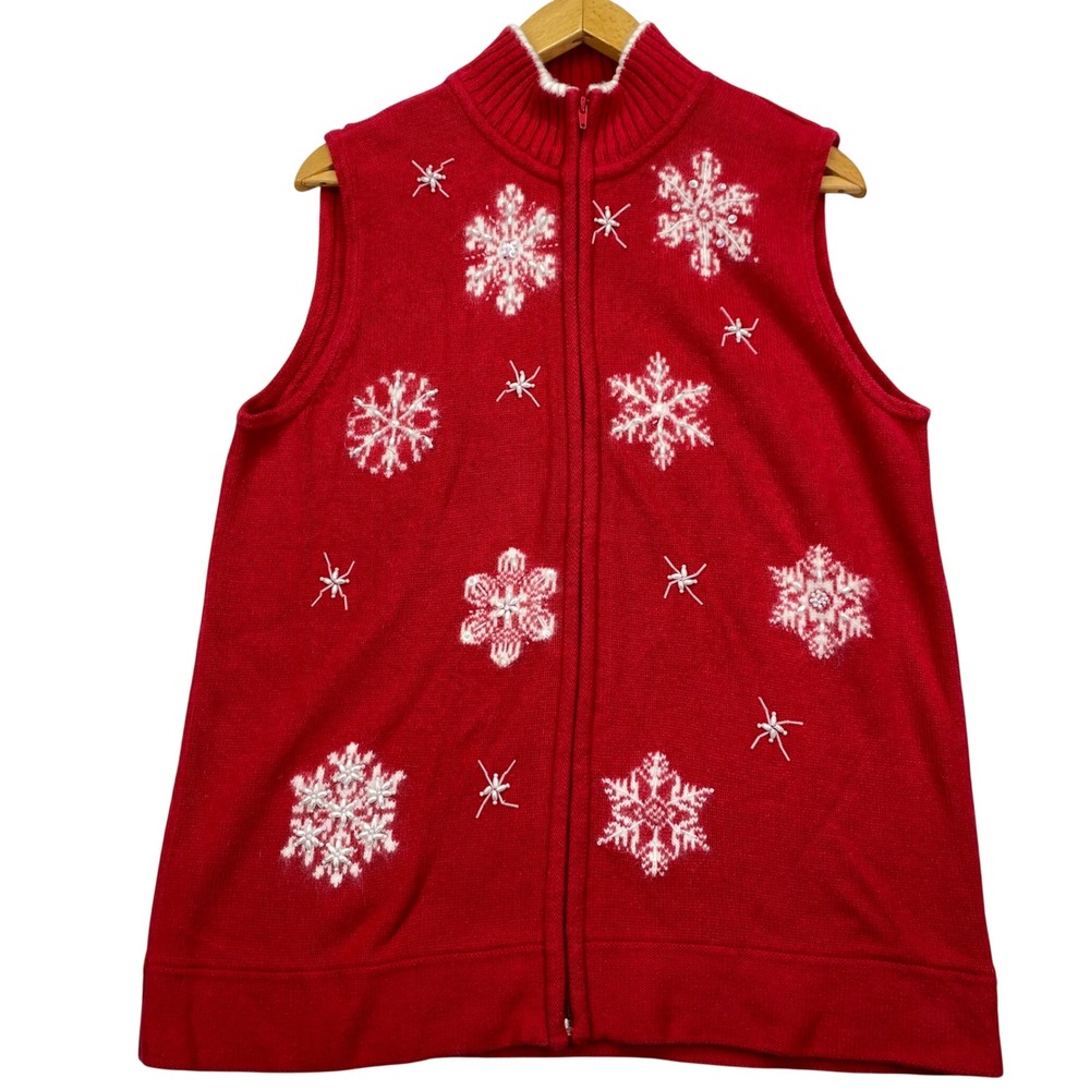 Quacker Factory Snowflake Sweater Vest Womens M Red Beaded Zip Mock Neck Read
